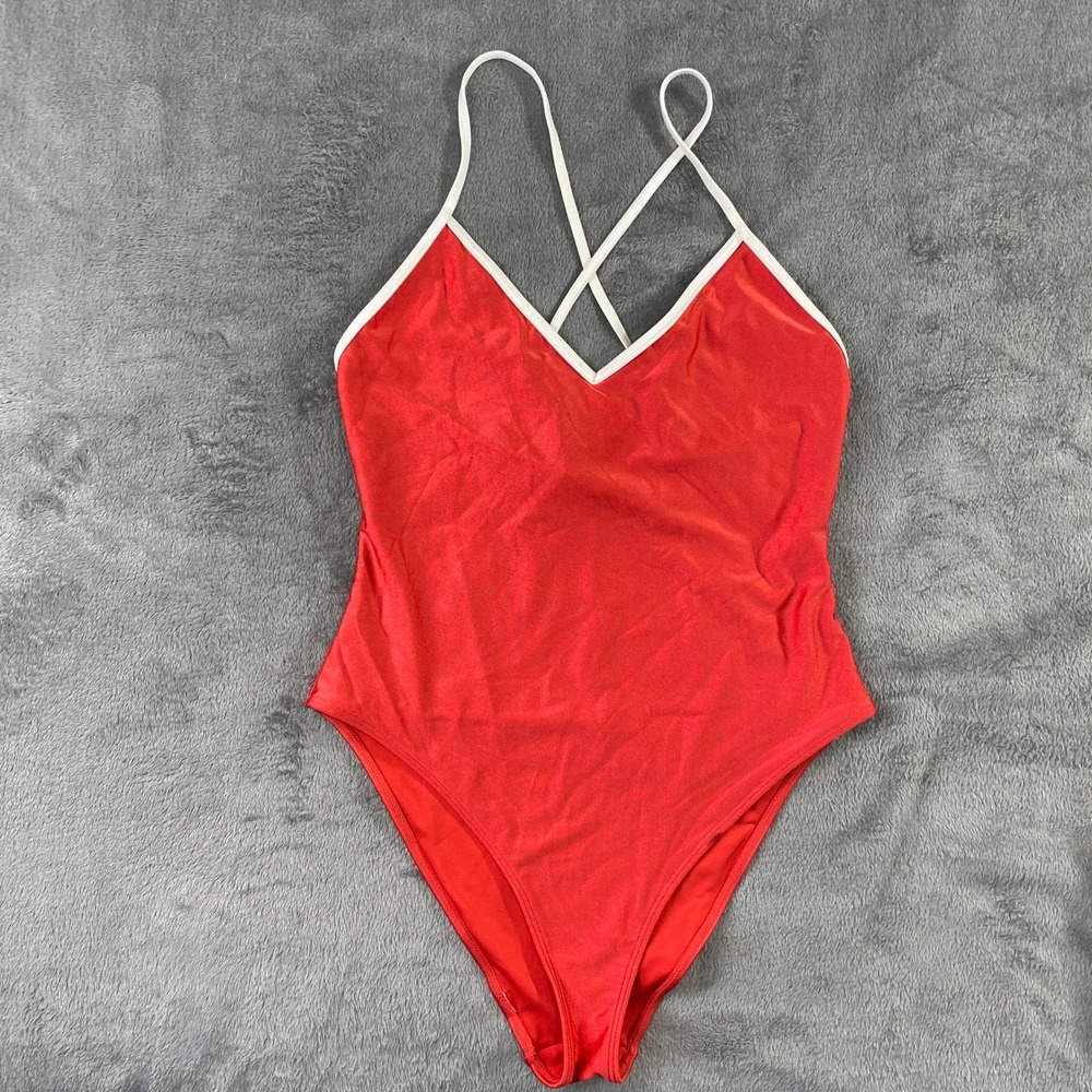 Forever 21 One Piece Swimsuit Womens L Red White V-Neck Crisscross Back High Cut